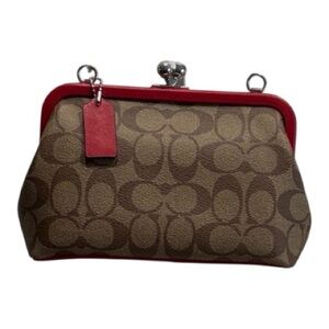Coach Signature Kisslock Satchel | Brown Canvas + Red Trim | Silver Frame